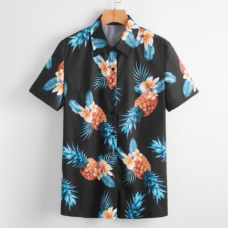 

Pineapple Print Button Front Blouse, Black