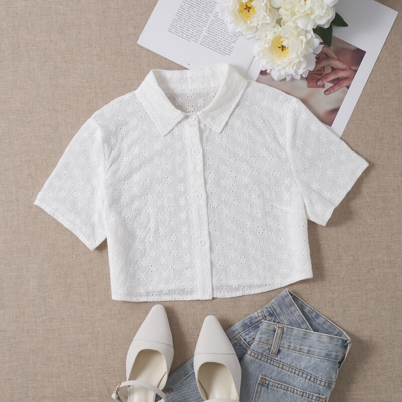 

Eyelet Embroidery Button Front Blouse, White