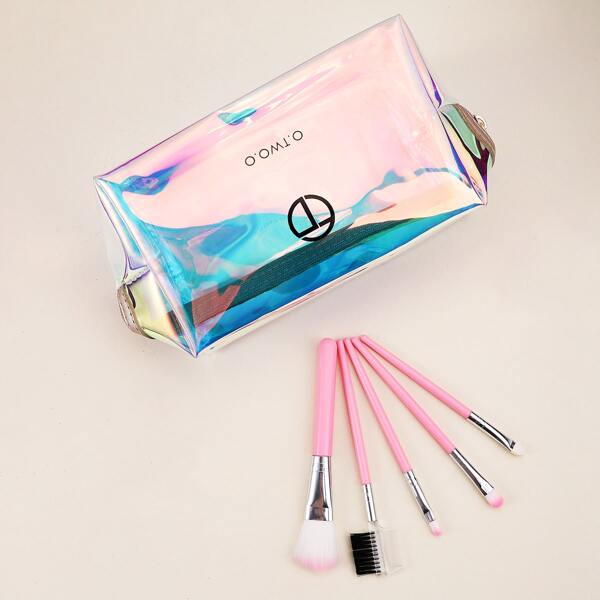 

5pcs Makeup Brush Set & 1pc Holographic Makeup Bag, Pink