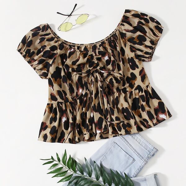 

Plus Leopard Print Drawstring Front Peplum Blouse, Multicolor