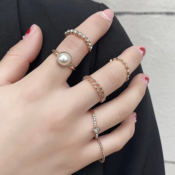 

6pcs Rhinestone Detail Ring, Gold