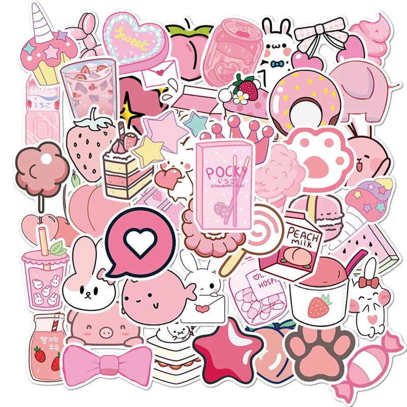 

50pcs Cartoon Sticker, Pink