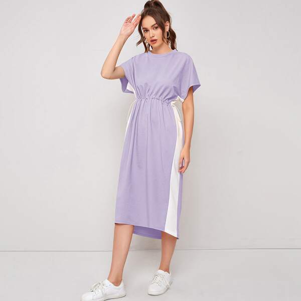 

Dolman Sleeve Drawstring Waist High Low Dress, Lilac purple