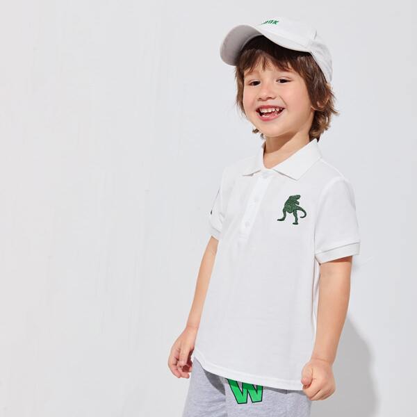 

Toddler Boys Dinosaur and Number Embroidered Polo Shirt, White