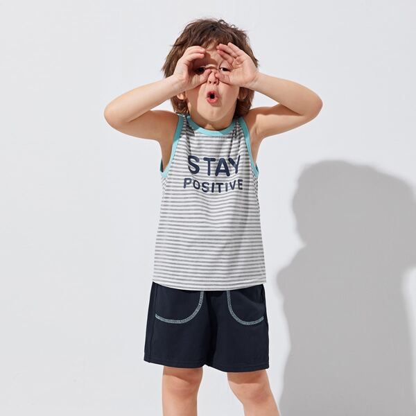 

Toddler Boys Slogan and Striped Tank Top and Stitch Detail Shorts Set, Multicolor
