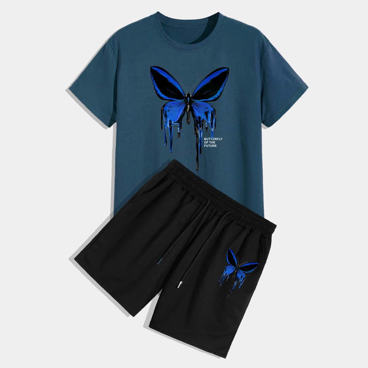 

Guys Butterfly And Letter Graphic Tee With Drawstring Waist Shorts, Multicolor