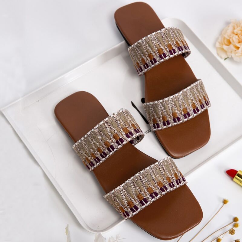 

Embroidery Band Slide Sandals, Brown