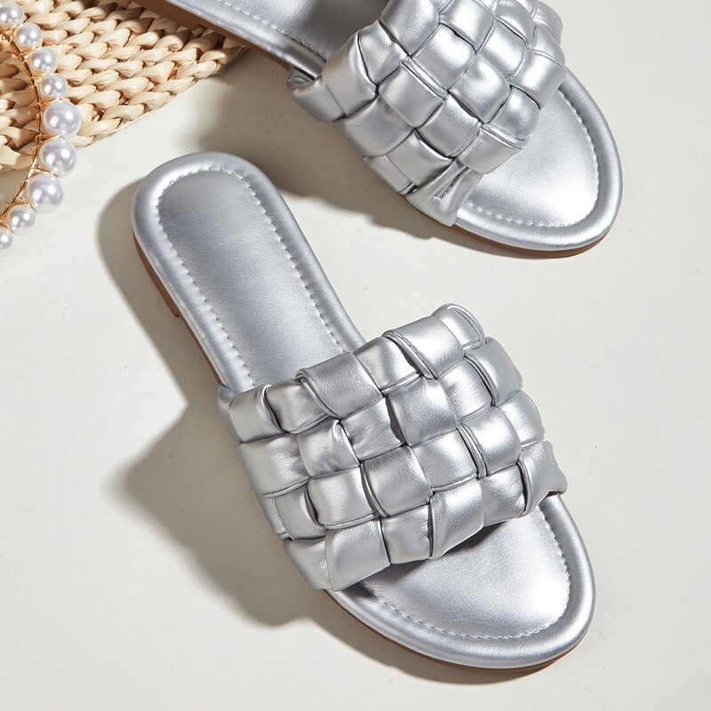 

Metallic Braided Band Slide Sandals, Silver