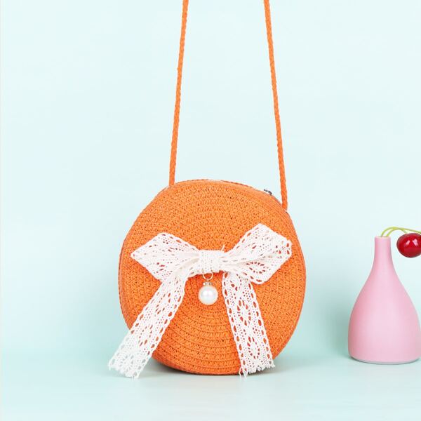 

Girls Bow Decor Straw Bag, Orange