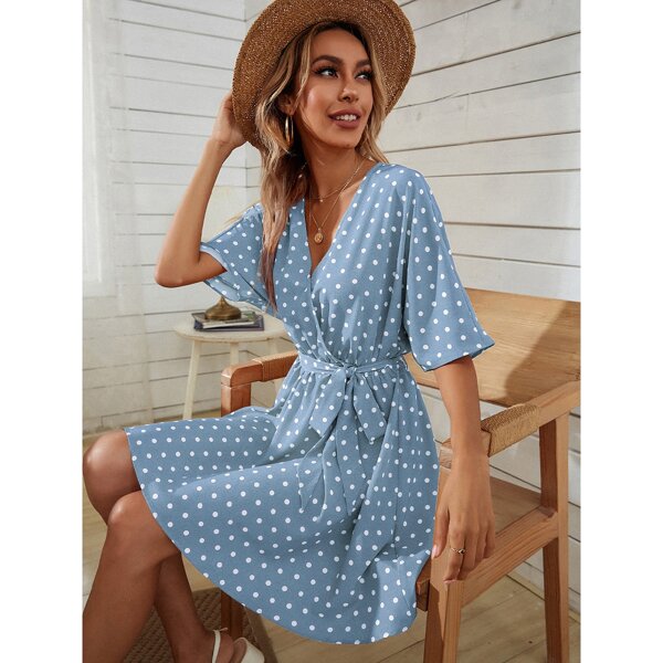 

Polka Dot Surplice Neck Belted Dress, Blue