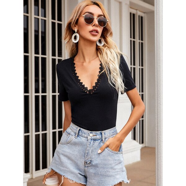 

Lace Trim Plunging Neck Solid Bodysuit, Black