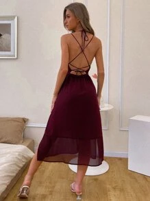 十字交叉繫帶吊帶連衣裙 - 酒紅色 - 查看 2