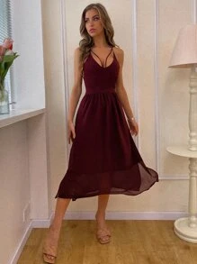 十字交叉繫帶吊帶連衣裙 - 酒紅色 - 查看 3