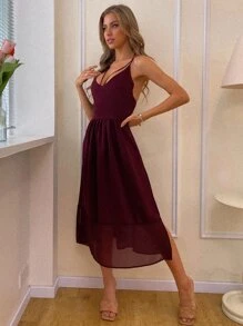 十字交叉繫帶吊帶連衣裙 - 酒紅色 - 查看 5