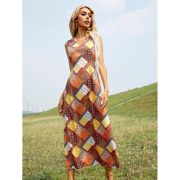 

Patchwork V Neck Dress, Multicolor