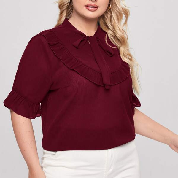 

Plus Tie Neck Ruffle Trim Blouse, Burgundy