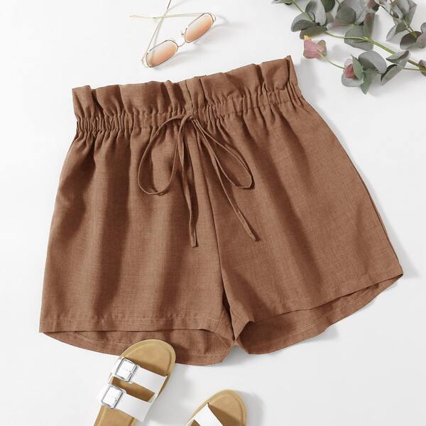 

Plus Knot Front Paper Bag Waist Shorts, Mocha brown