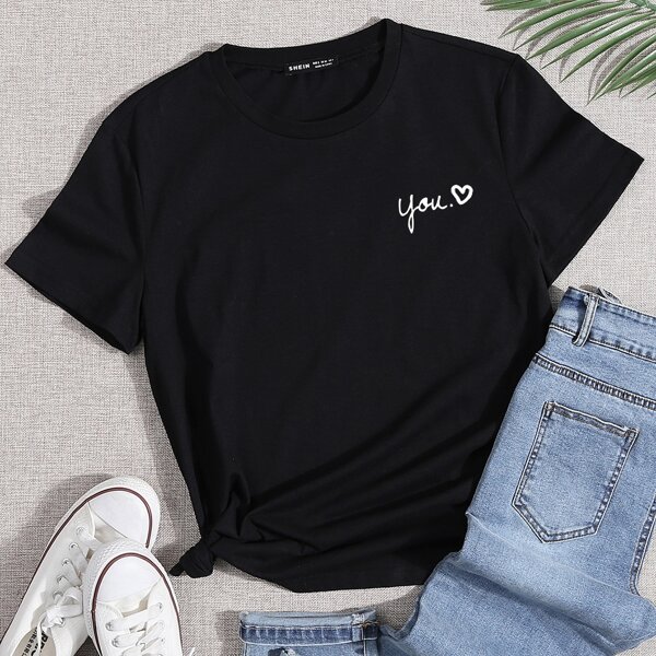 

Letter & Heart Print Tee, Black