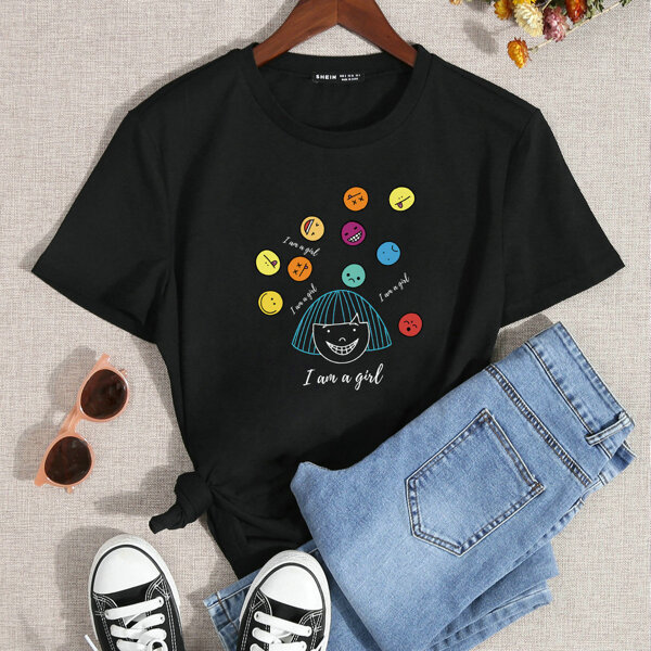 

Slogan & Cartoon Graphic Tee, Black