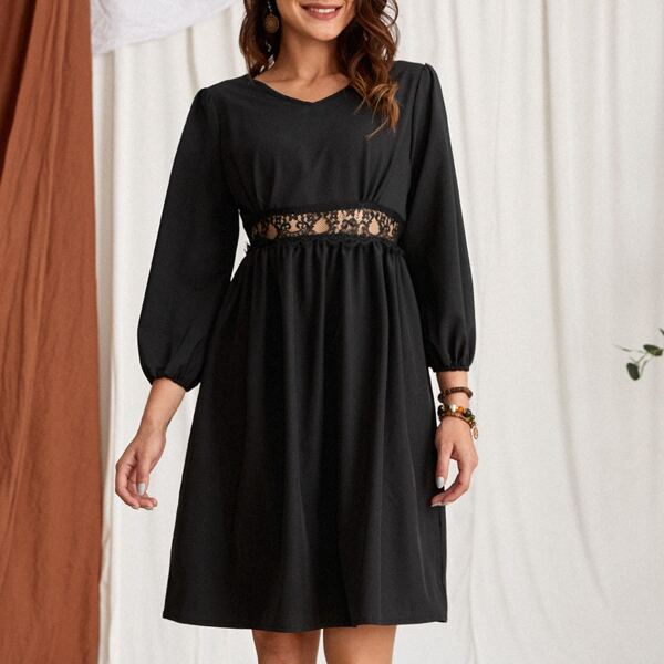 

Solid Lace Insert Dress, Black