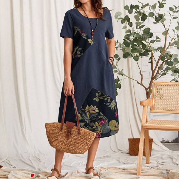 

Plants Panel Hidden Pocket Dress, Navy blue
