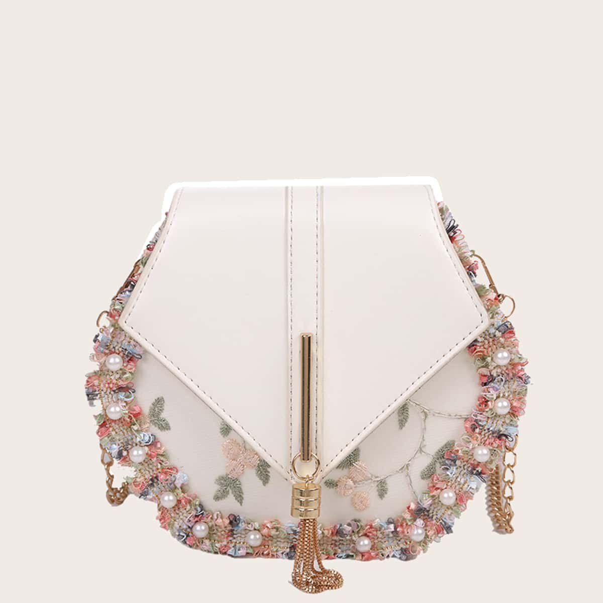 Faux Pearl Trim Crossbody Bag, Beige