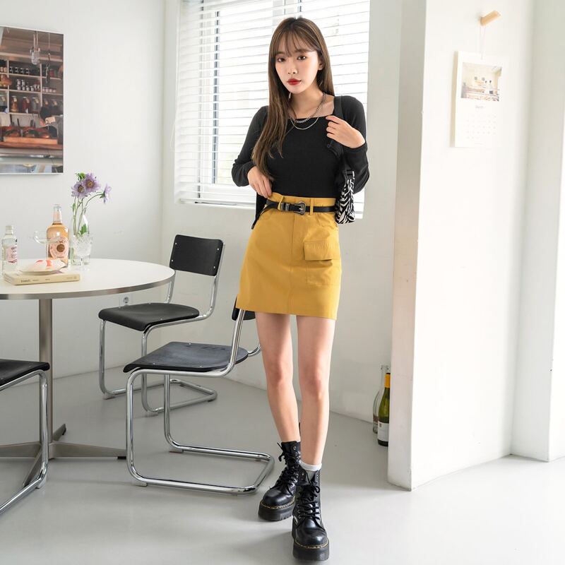 

Flap Pocket Straight Skirt Without Belt, Mustard yellow
