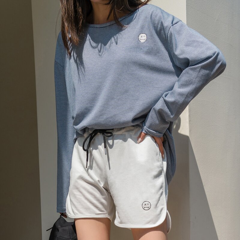 

Striped Drop Shoulder Tee & Drawstring Waist Shorts, Blue and white