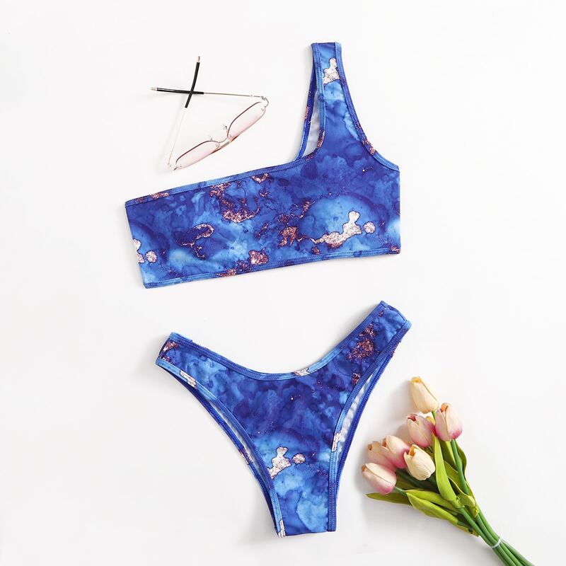 

Tie Dye One Shoulder Bikini Swimsuit, Blue