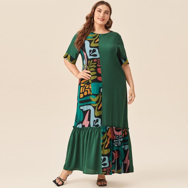 

Plus Graphic Print Ruffle Hem Dress, Multicolor