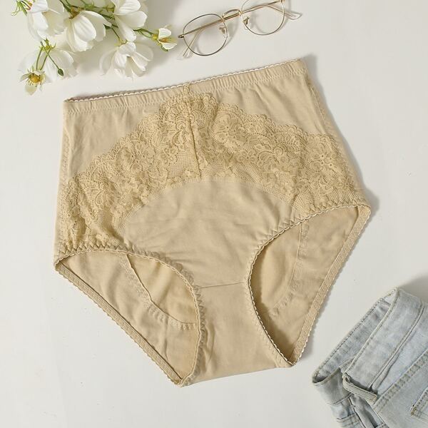

Plus Contrast Lace Shapewear Panty, Apricot
