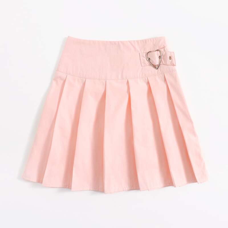 

Solid Pleated Heart Buckle Skirt, Coral pink