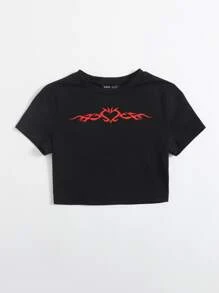SHEIN EZwear Graphic Print Crop Tee - Black - View 1
