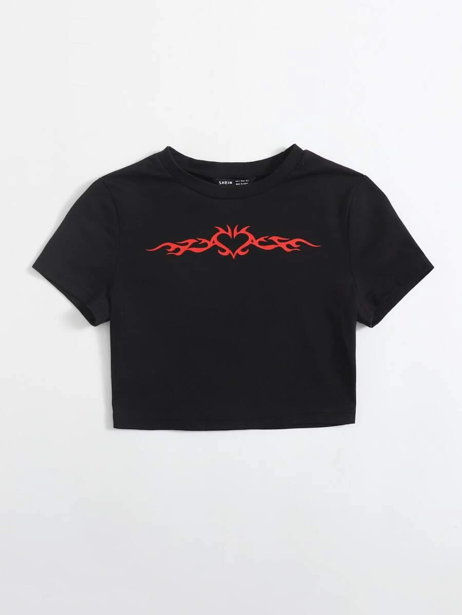 SHEIN EZwear Graphic Print Crop Tee - Black - View 1