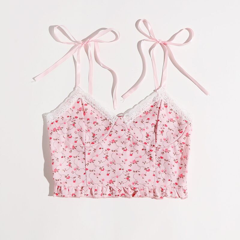 

Ditsy Floral Contrast Lace Crop Cami, Pink