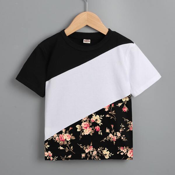 

Toddler Boys Cut And Sew Floral Print Tee, Black and white