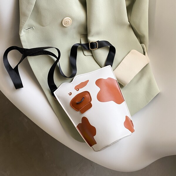 

Cartoon Cow Design Bucket Bag, Brown