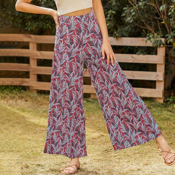 

All Over Plants Print Wide Leg Pants, Multicolor