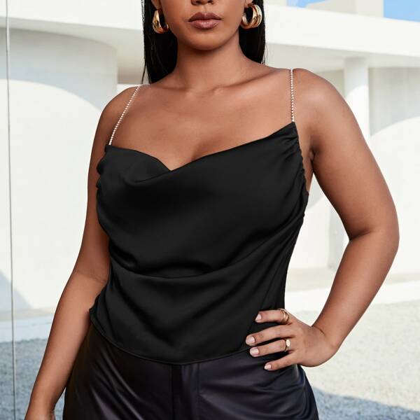 

Plus Rhinestone Shoulder Straps Satin Cami Top, Black