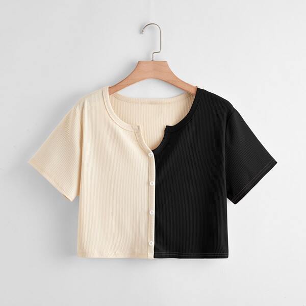 

Plus Button Front Notch Neck Two Tone Top, Multicolor