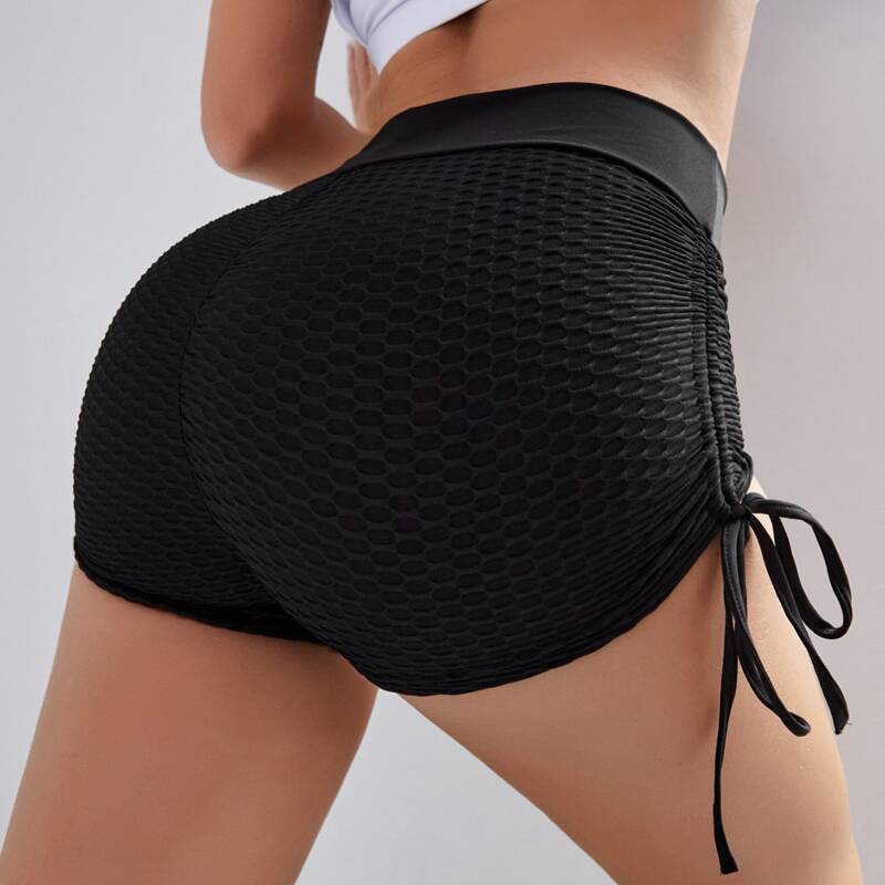 

Drawstring Side Honeycomb Sports Shorts, Black