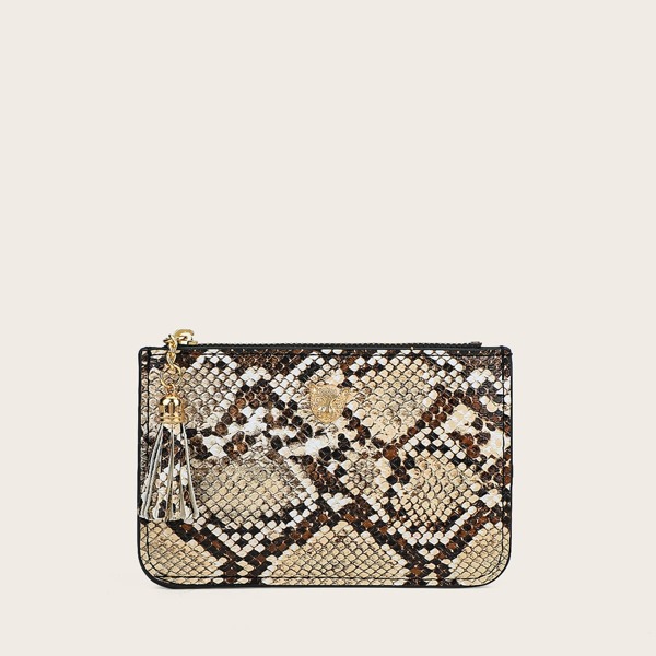 

Tassel Decor Snakeskin Print Small Wallet, Khaki