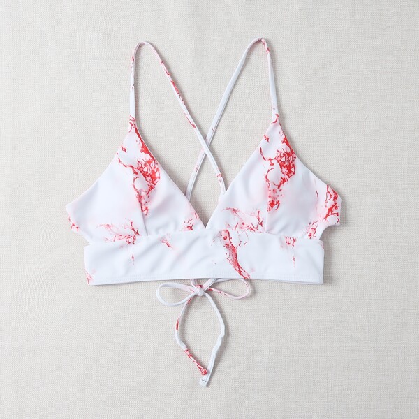 

Marble Print Tie Back Bikini Top, White