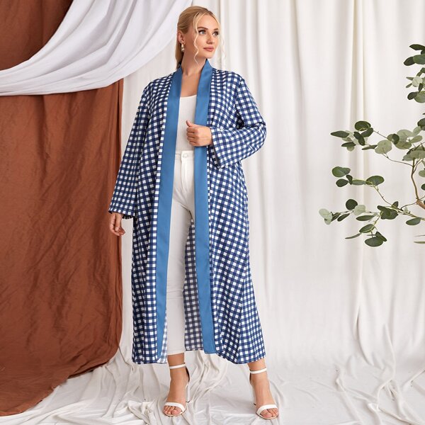 

Plus Gingham Open Front Abaya, Blue and white