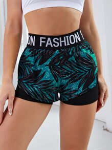 Letter Tape Tropical Print Sports Shorts - Multicolor - View 4