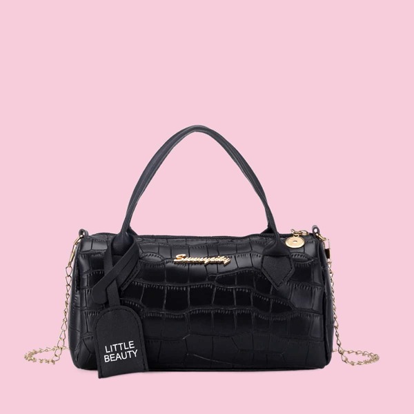 

Croc Embossed Chain Satchel Bag, Black