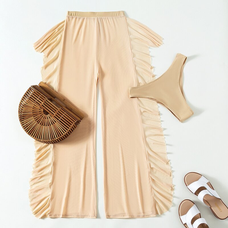 

2pack Bikini Panty & Ruffle Trim Cover Up Pants, Khaki