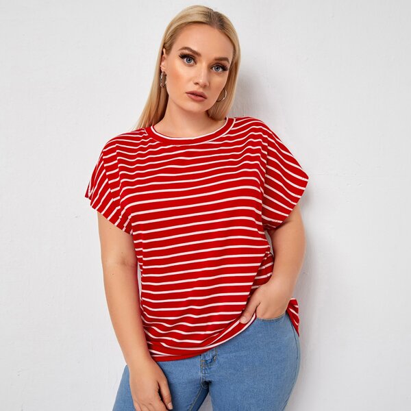 

Plus Striped Round Neck Tee, Red