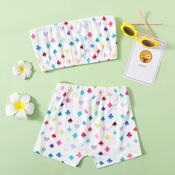 

Toddler Girls Geo Print Crop Tube Top With Biker Shorts, White