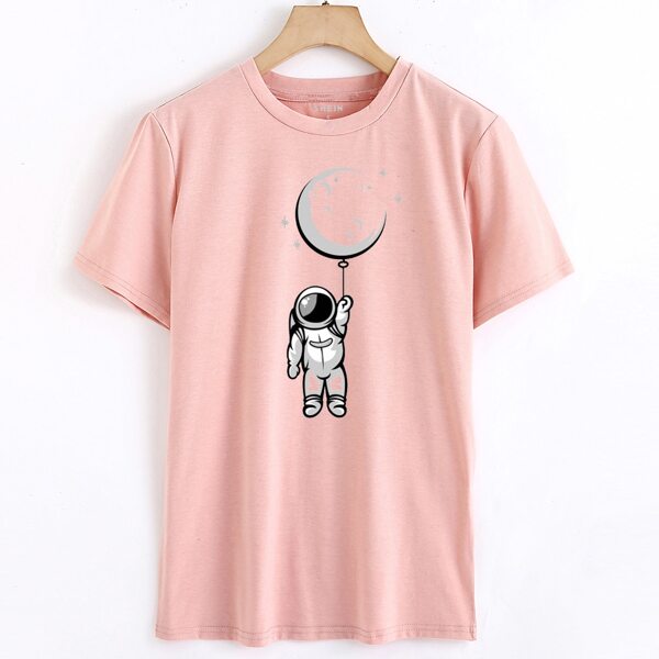 

Cartoon Astronaut Print Tee, Baby pink